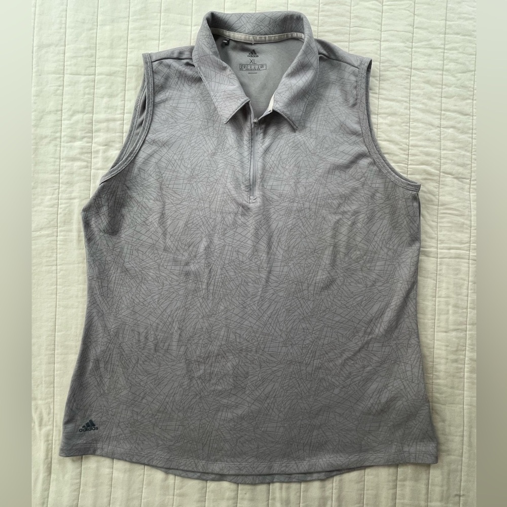 adidas Women's Light Gray w Subtle Pattern Sleeveless Zip Golf Pic Polo Tank XL